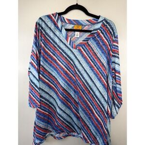 Ruby Rd Plus Size Blues/Red Striped V Neck Size 2X
